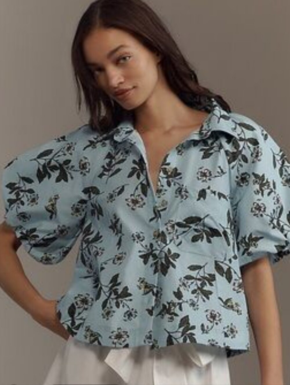 Anthropologie Maeve Zooey Blue Floral Bubble Sleeve Blouse Top